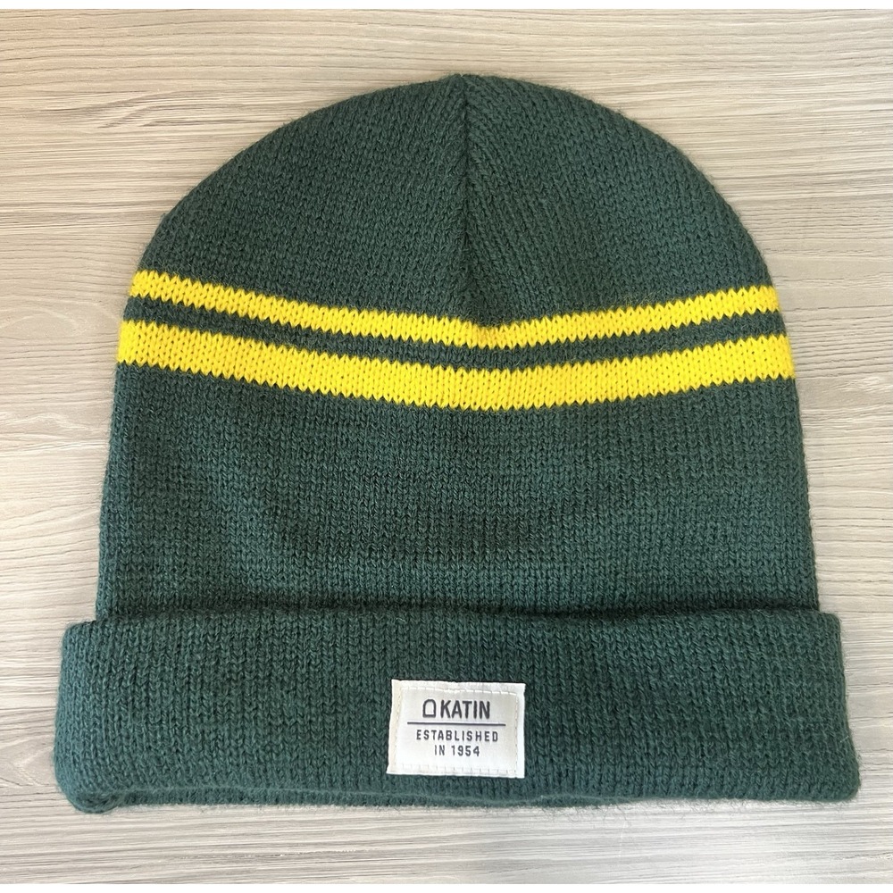 Katin Beanie Adult One Size Knit Green Yellow Striped Roll Cuff